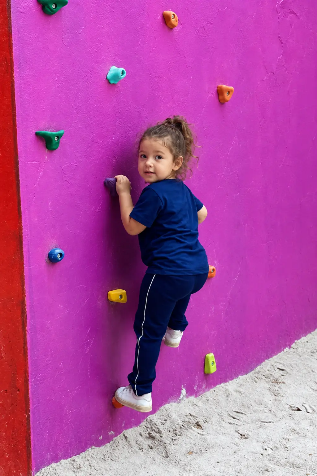 Aluna da Educação Infantil do CEAM subindo na parede de escalada do parquinho