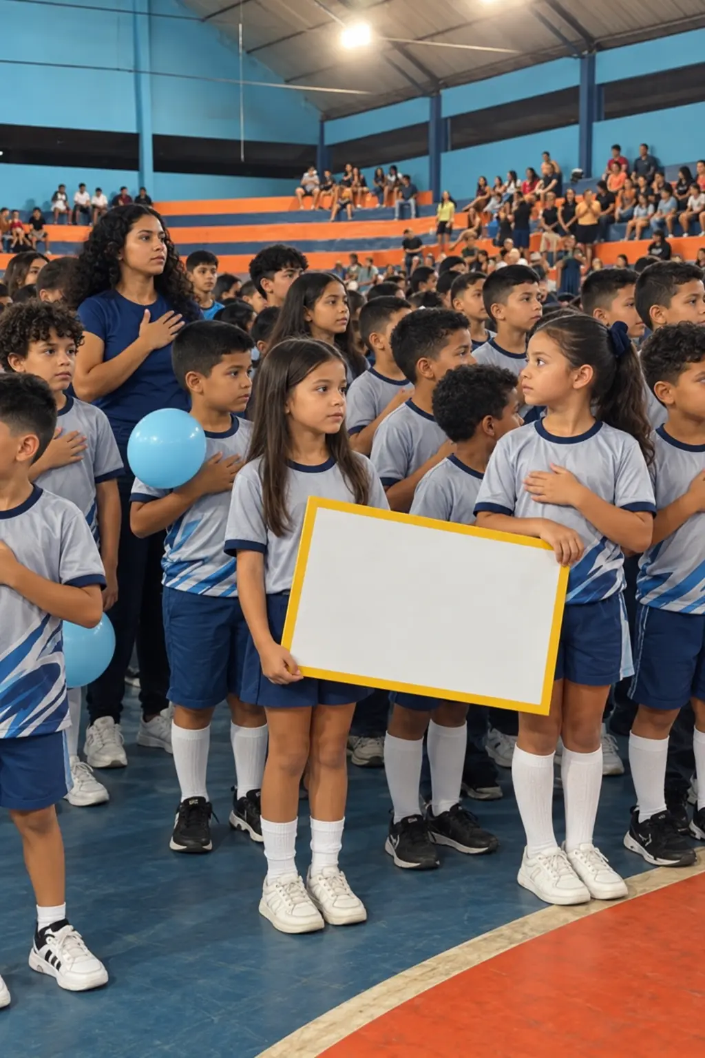 Alunos do CEAM de farda azul e cinza reunidos no ginásio em evento da escola
